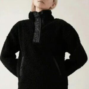 Athleta Women's S Cozy Sherpa Fuzzy 1/4 Snap Oversized Sweatshirt Black Pockets